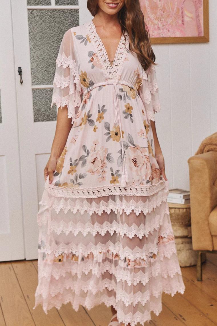 Floral Print Tiered Lace Boho Maxi Dress