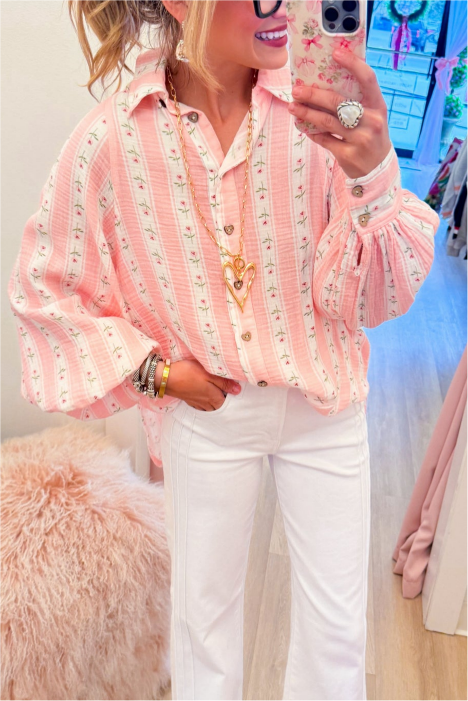 White and Pink Floral Stripe Button Up Top
