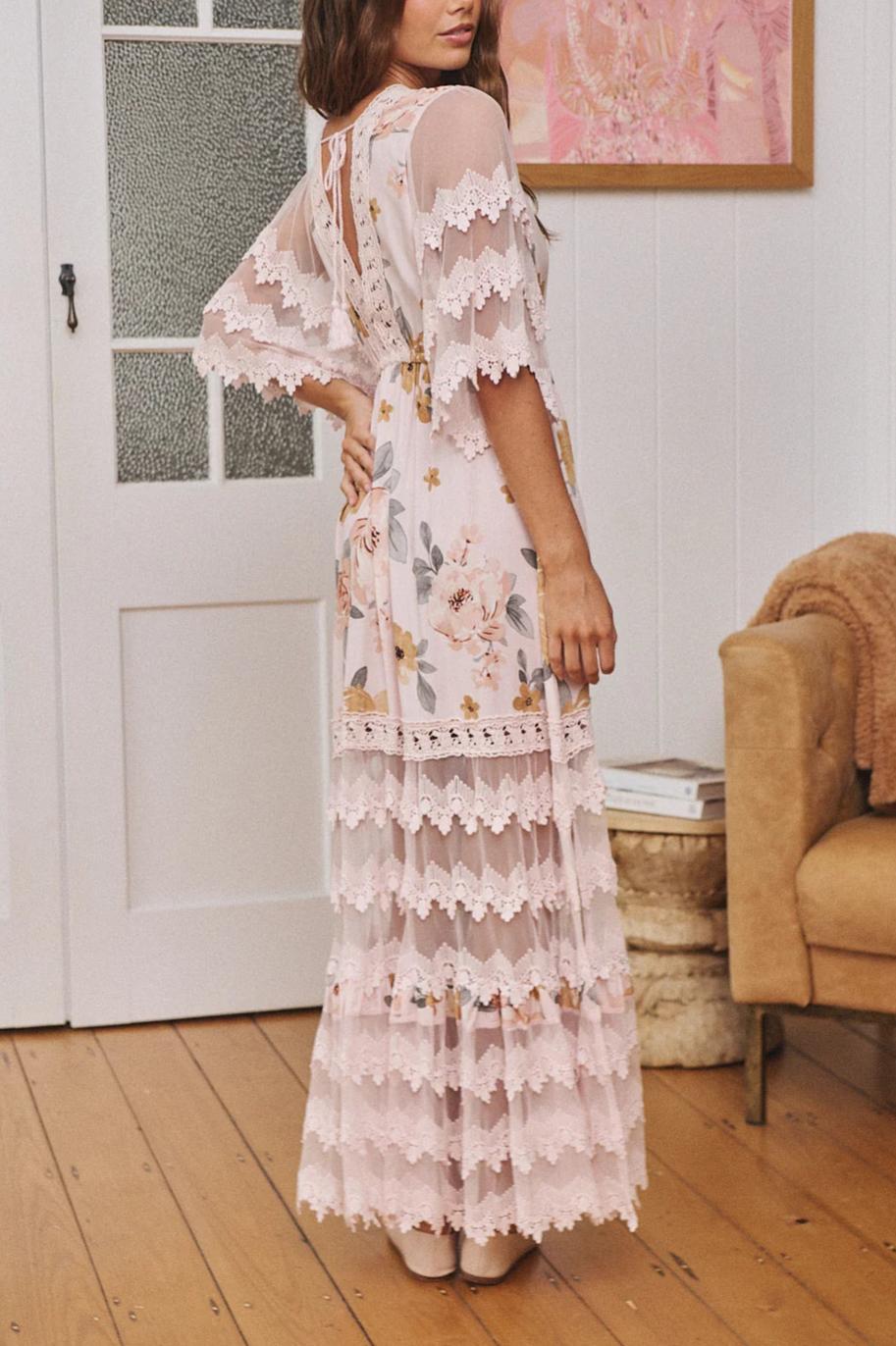 Floral Print Tiered Lace Boho Maxi Dress