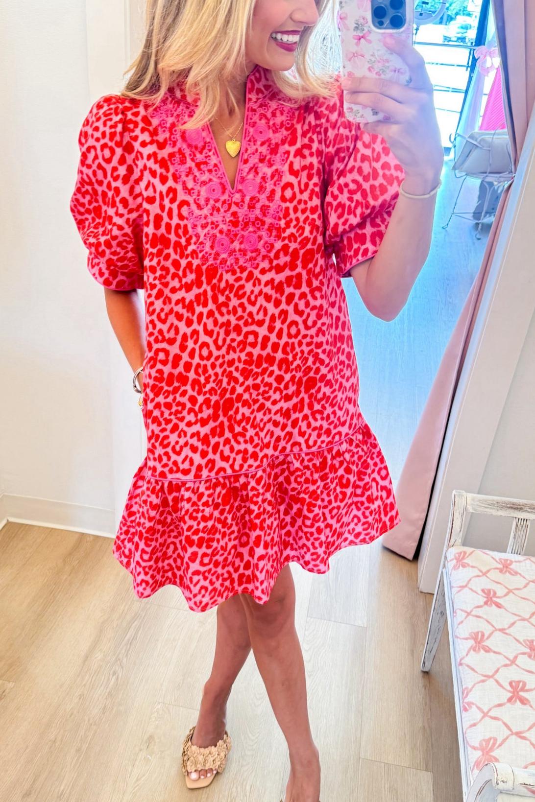 Pink and Red Animal Print Embroidered Dress