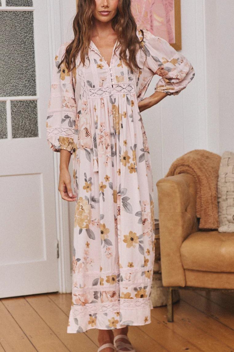 Floral Print Crochet Detail Boho Maxi Dress