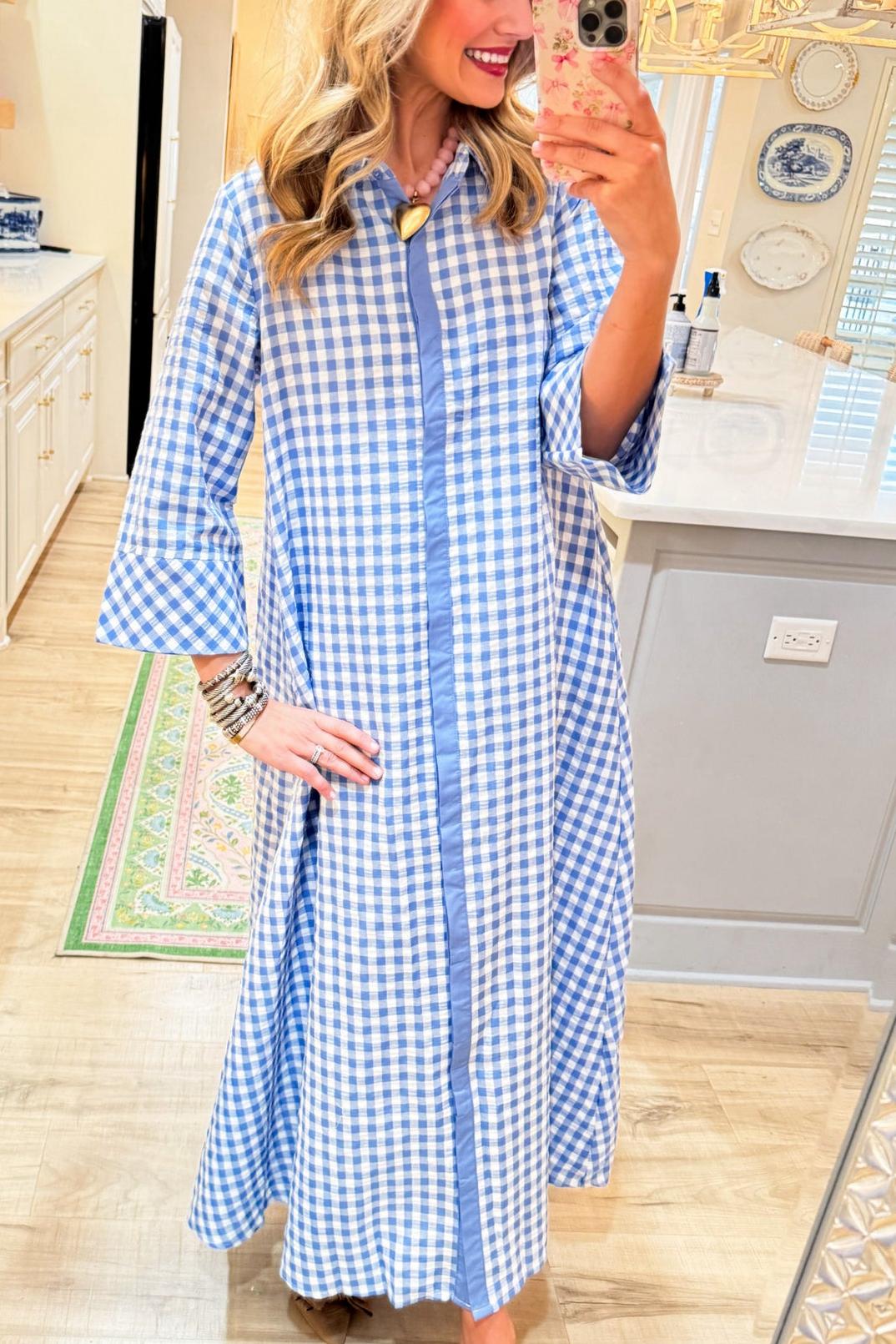 Blue Gingham Button Down Midi Dress