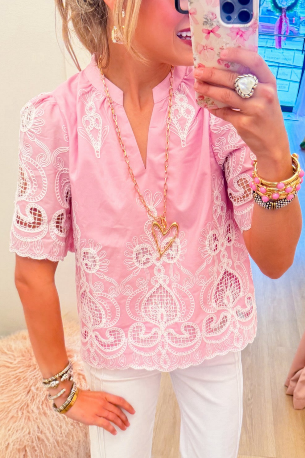 Pink Embroidered Scallop Hem Top
