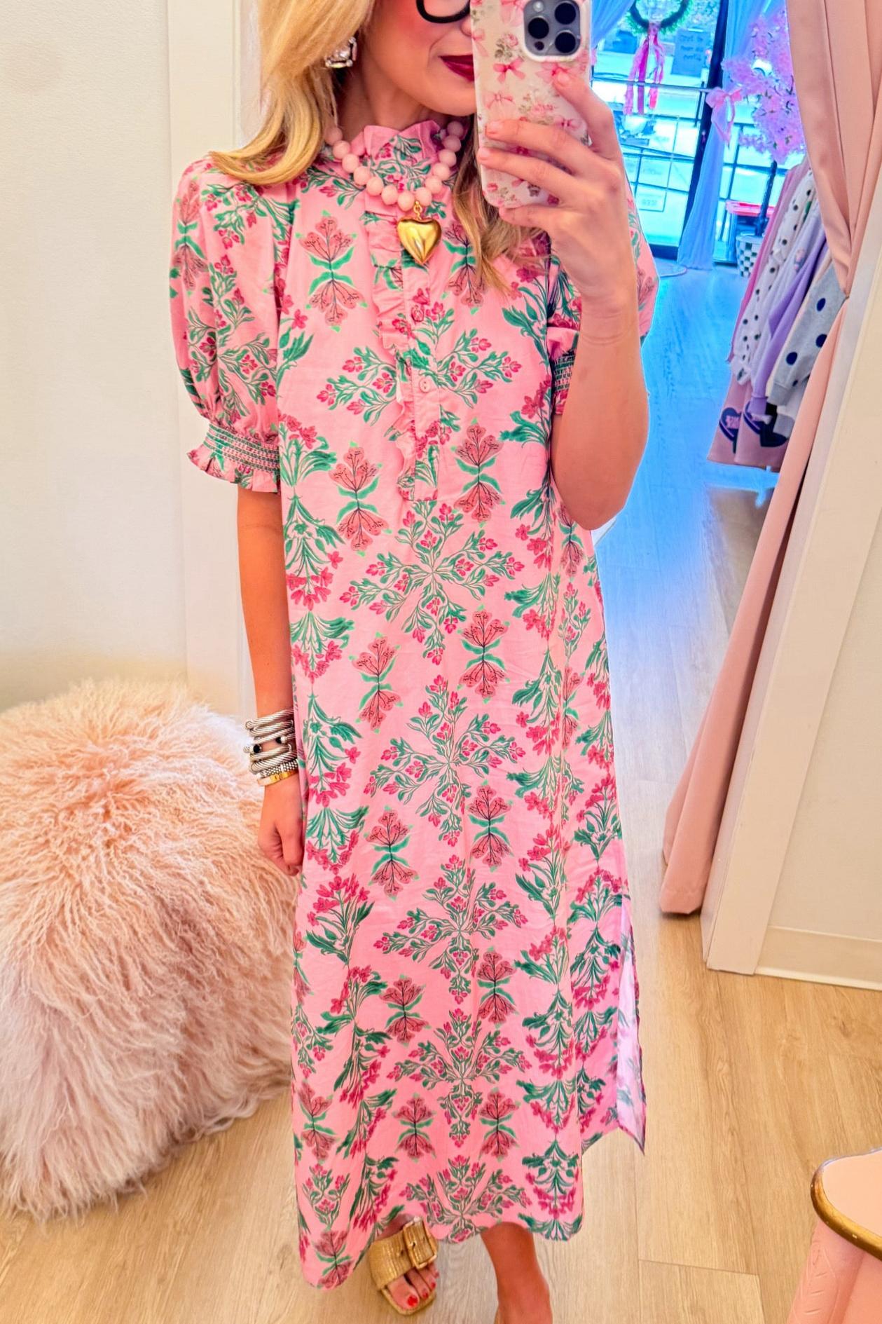 Pink Botanical Puff Sleeve Midi Dress