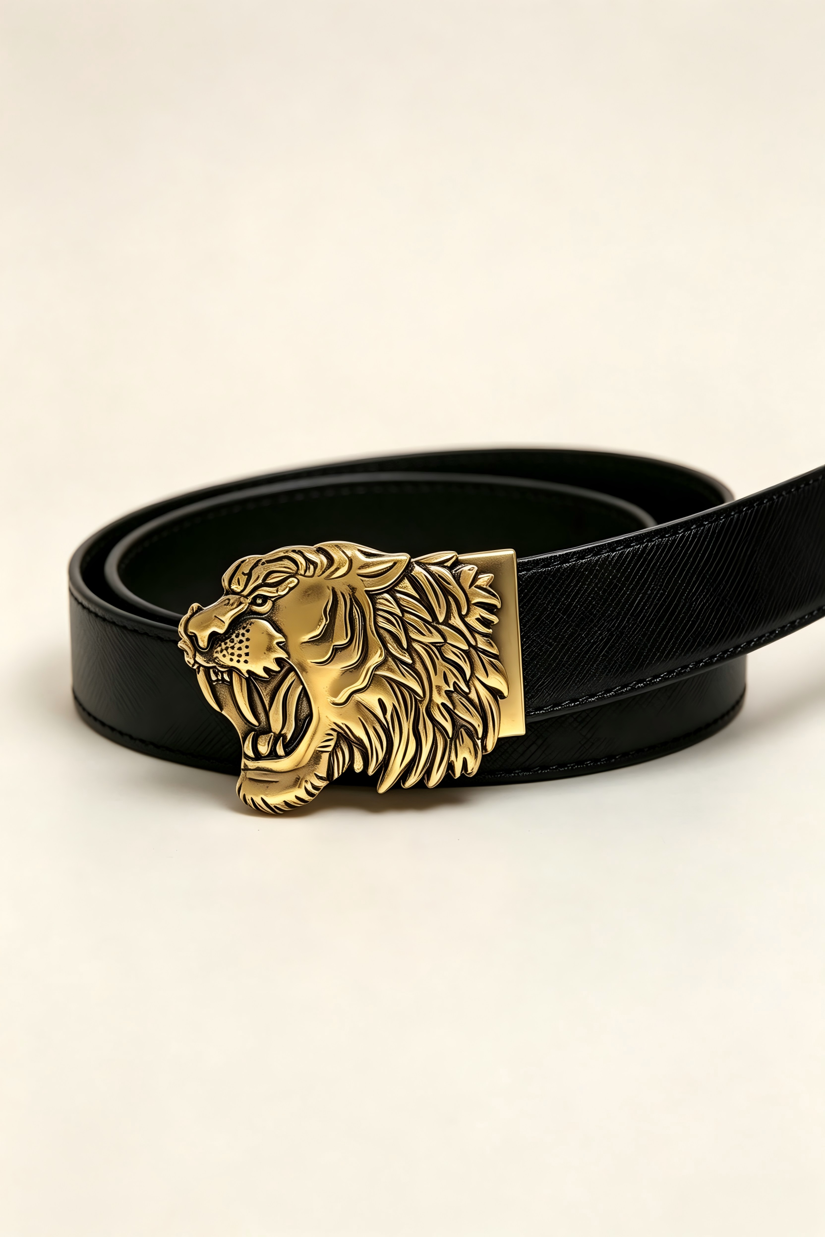 Women’s Black Leather Belt with Embossed Antique Gold Tiger Buckle