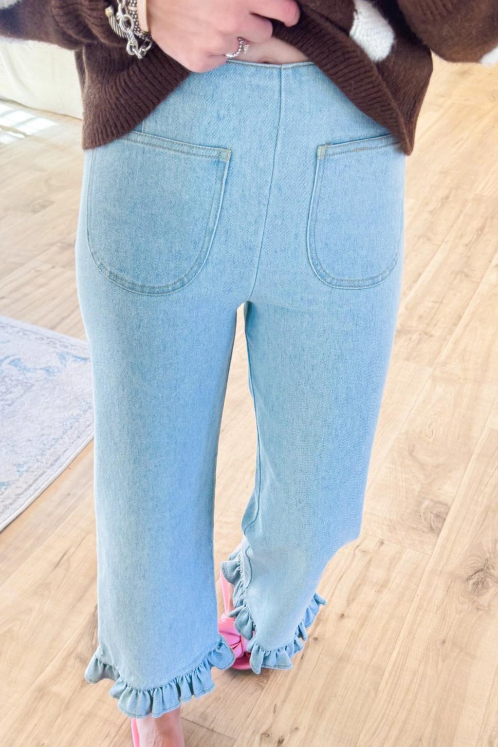 Light Denim Mineral Washed Ruffle Hem Pants