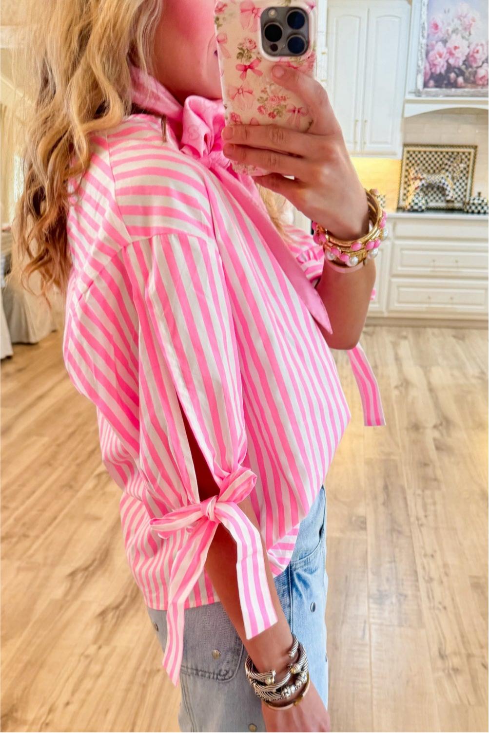 Neon Pink Stripe Bow Sleeve Top
