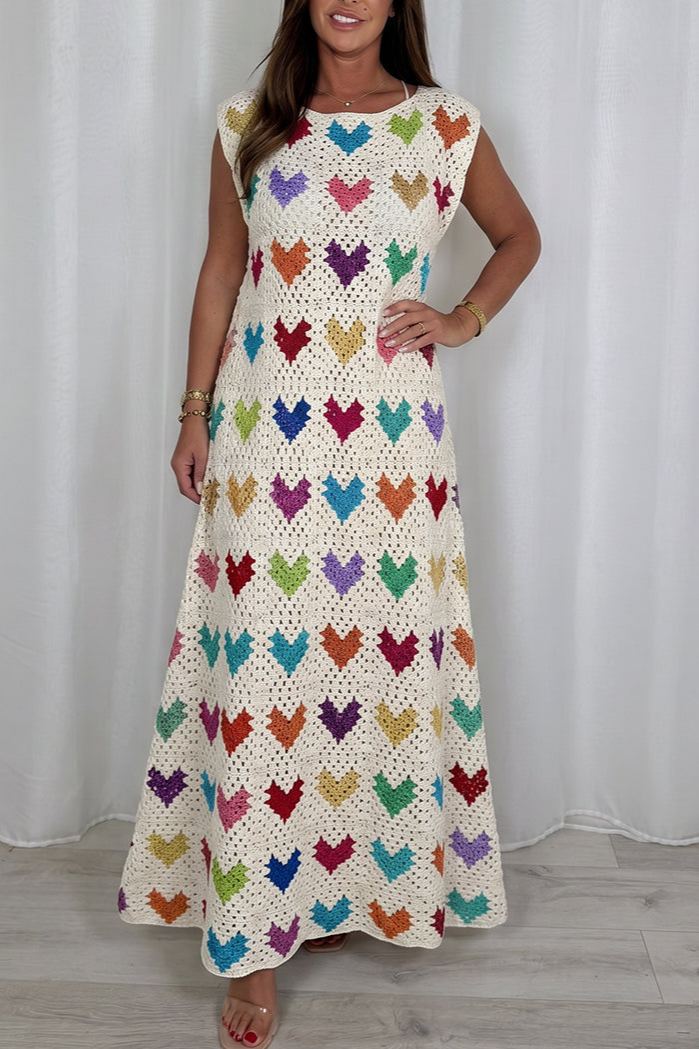 Crochet Heart Print Sleeveless Maxi Dress