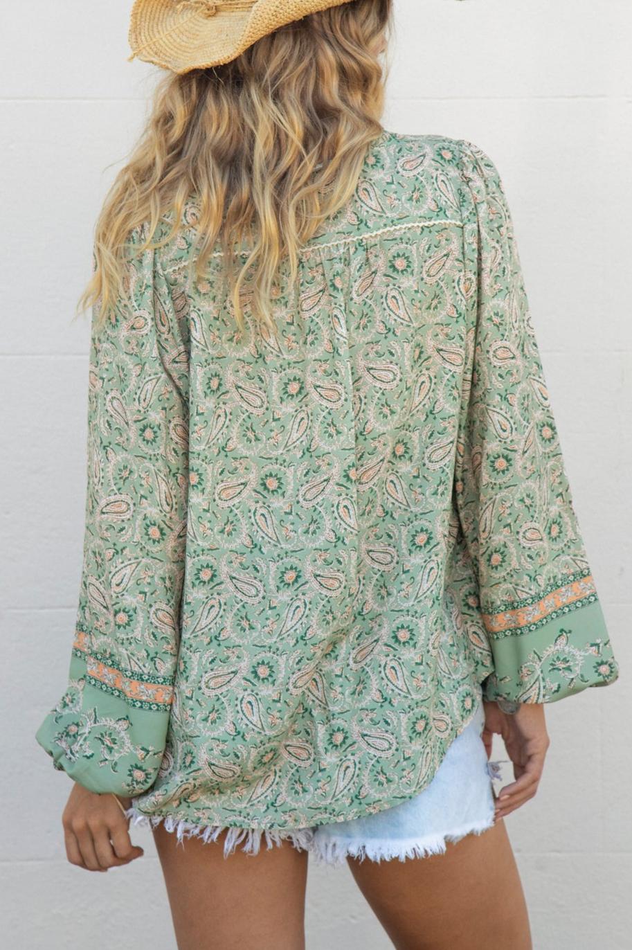 Sage Green Boho Print Long Sleeve Blouse