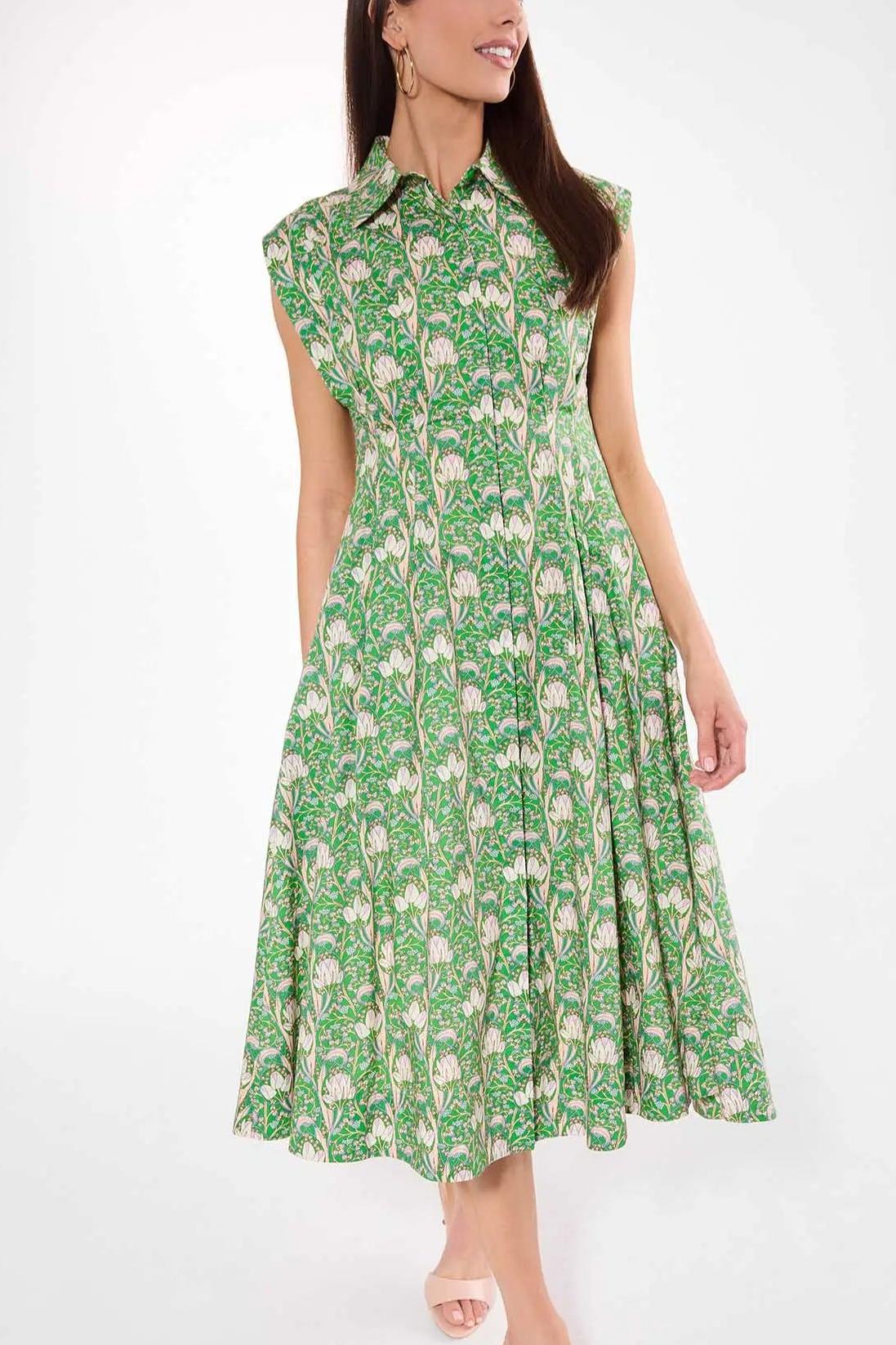  Green Floral Print Pleated Dress