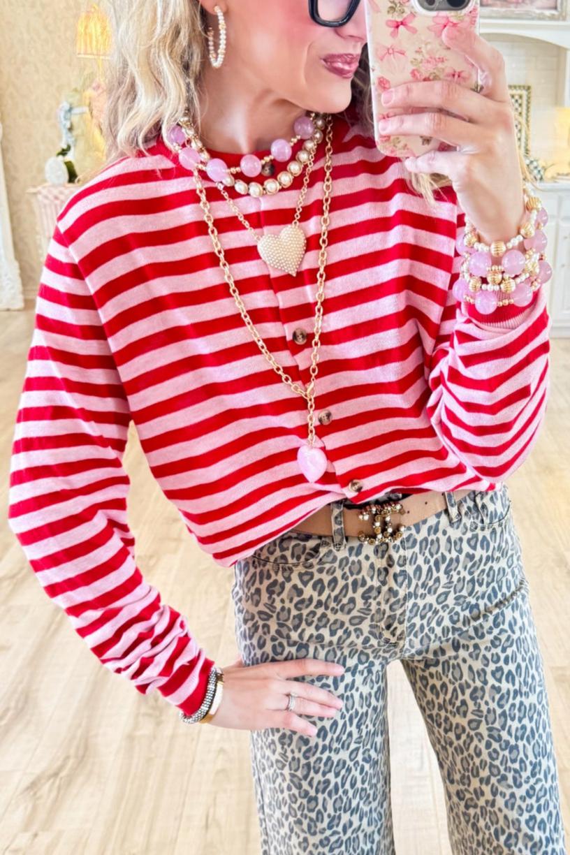 Red Stripe Button Up Cardigan