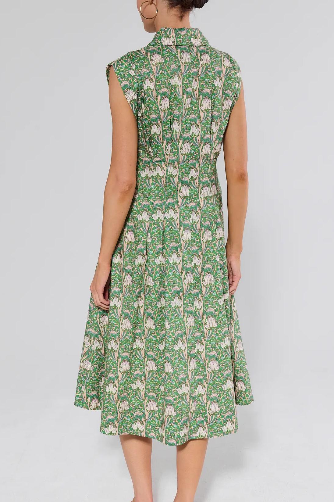  Green Floral Print Pleated Dress