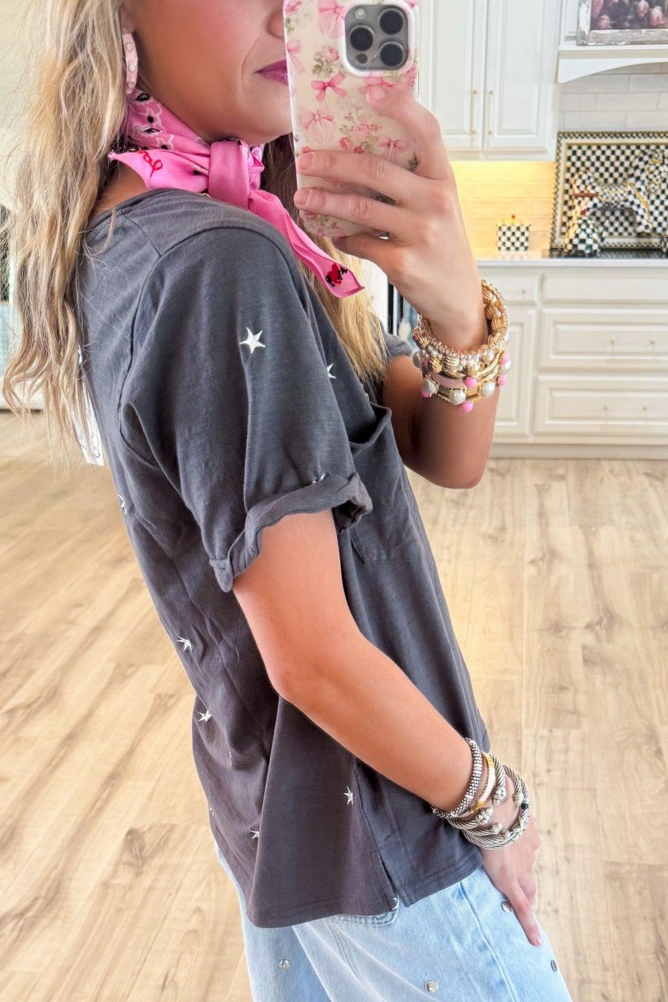 Ash Grey Star Embroidered Top