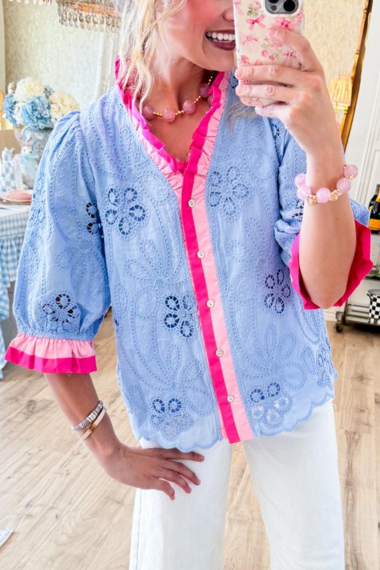 Blue Contrast Eyelet Blouse