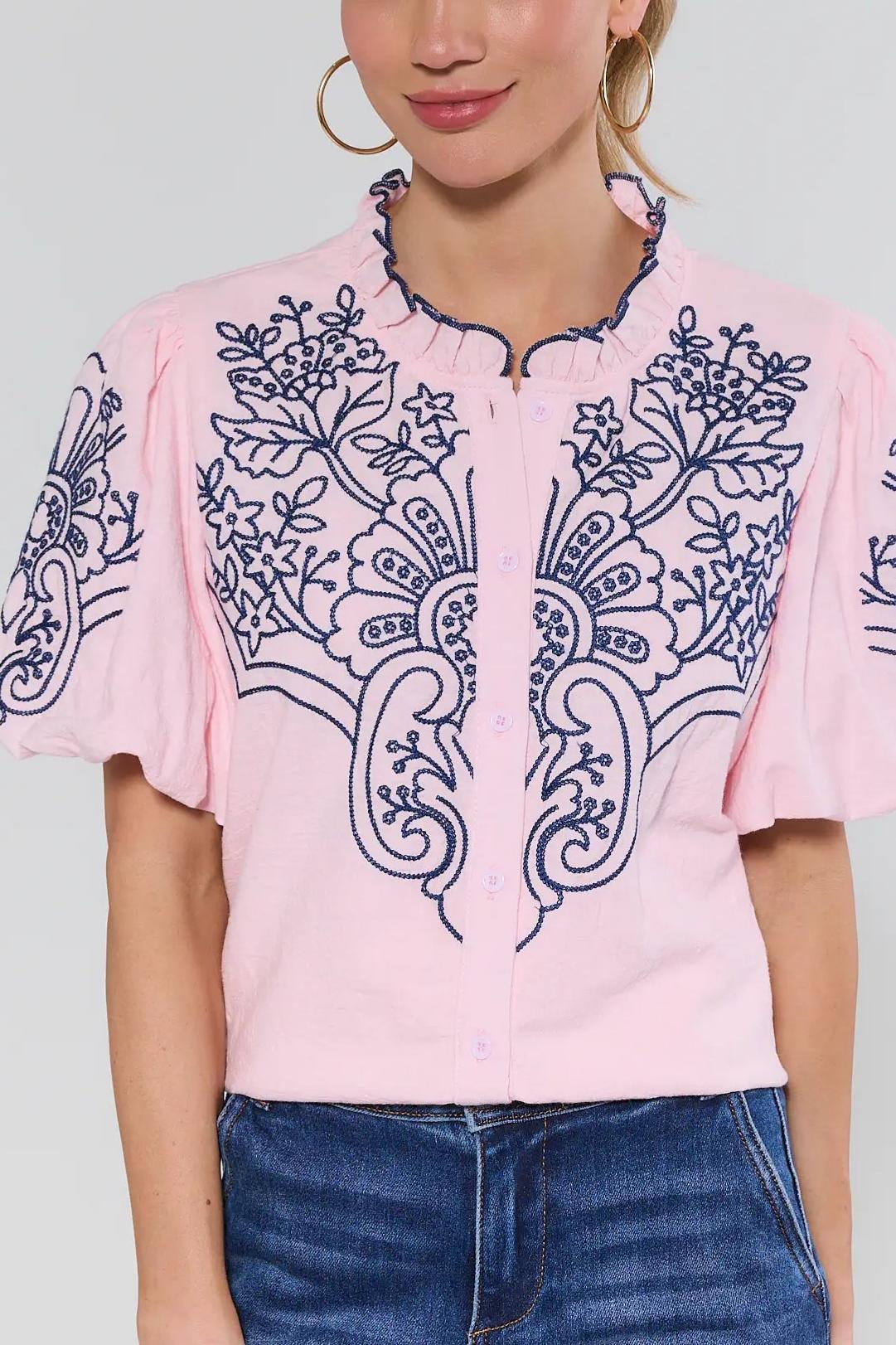 Pink Embroidered Button Up Top