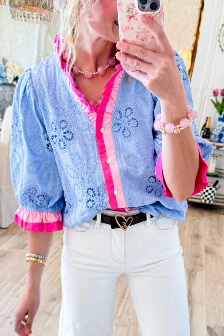 Blue Contrast Eyelet Blouse