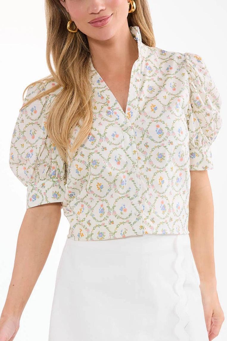  Cream Floral Puff Sleeve Top