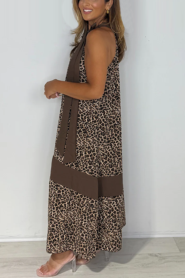 Leopard Print Tie Neck Floaty Dress
