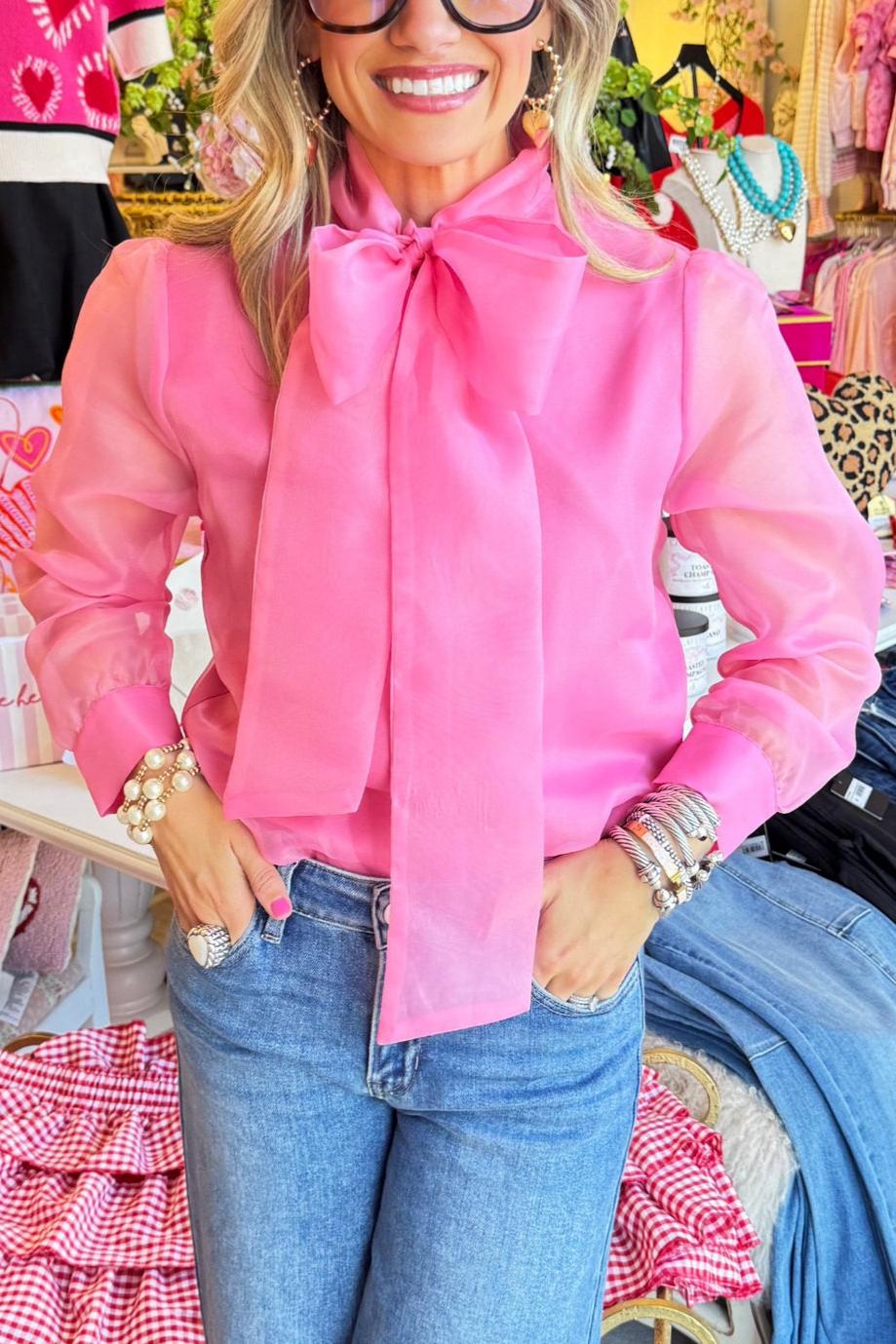 Light Pink Sheer Button Down Bow Top