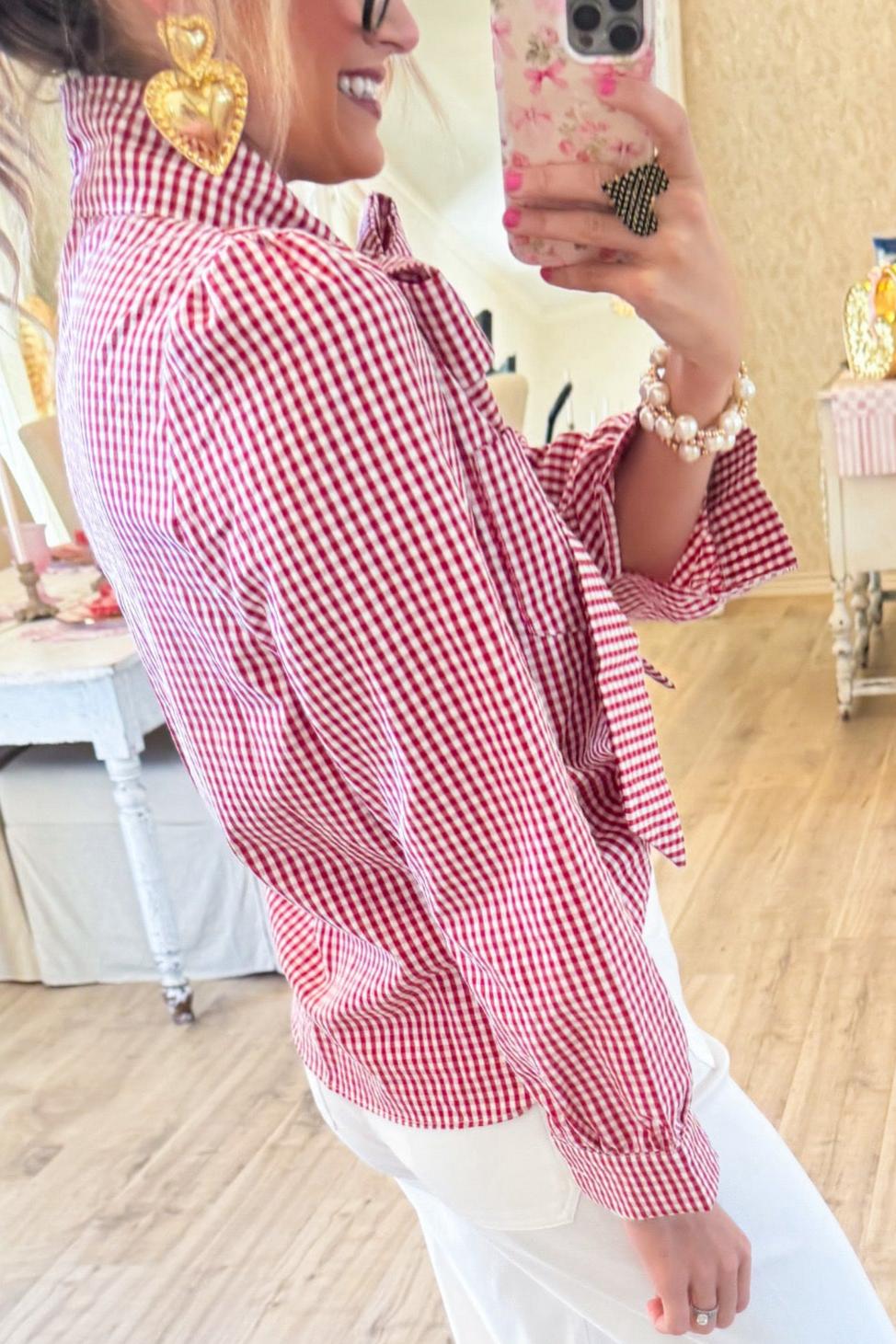 Gingham Bow Button Up Top