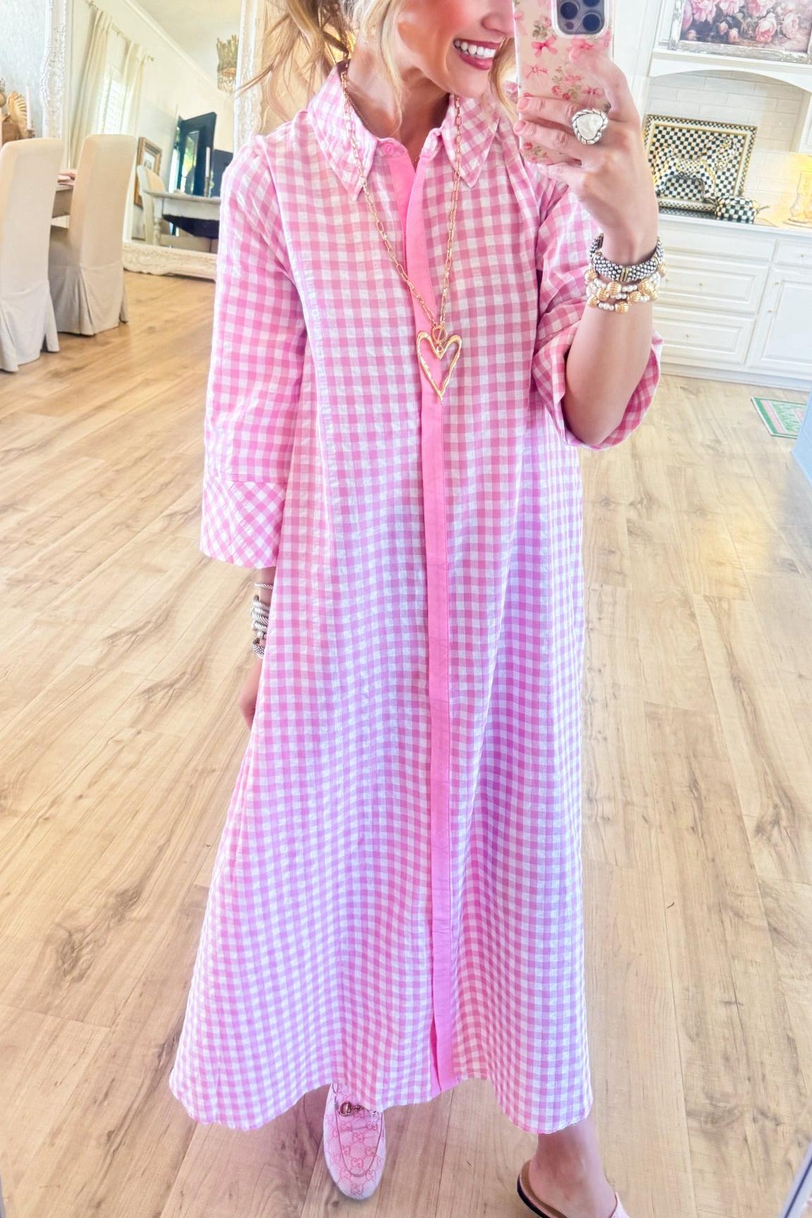 Pink Gingham Button Down Midi Dress