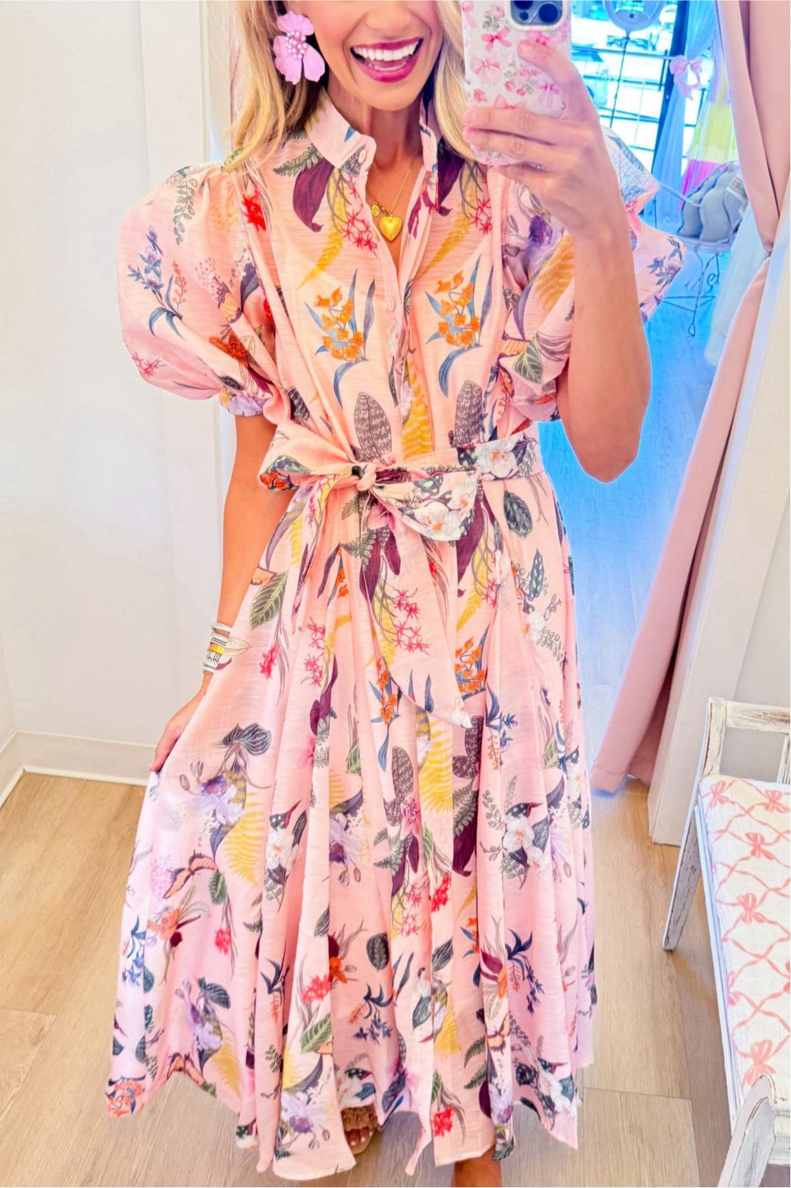 Pink Botanical Midi Shirt dress