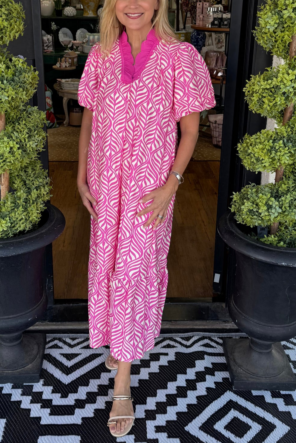 Print Ruffle Neck Tiered Maxi Dress