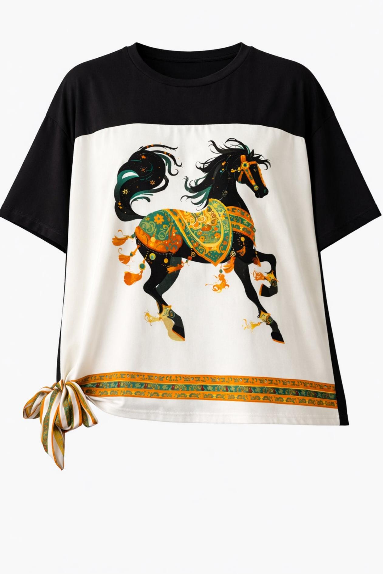 Black Horse Print Side Tie Silk Panel Oversized T-Shirt