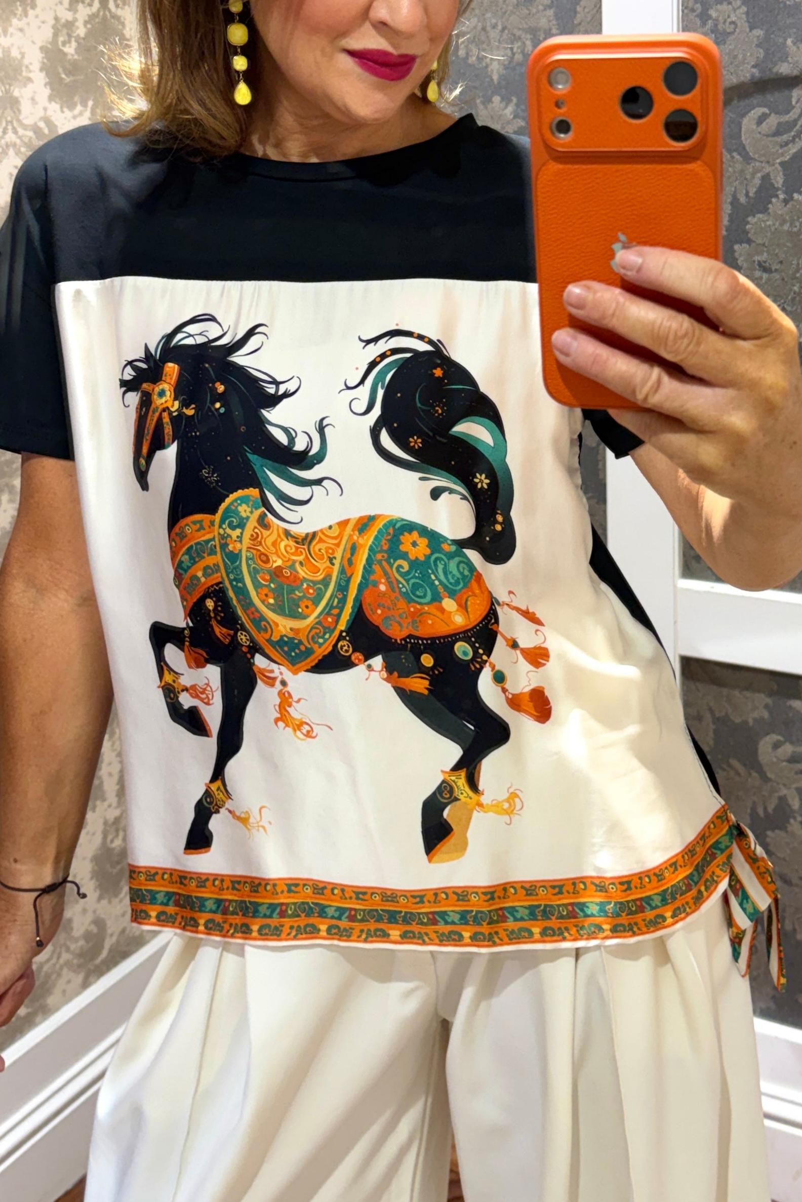 Black Horse Print Side Tie Silk Panel Oversized T-Shirt