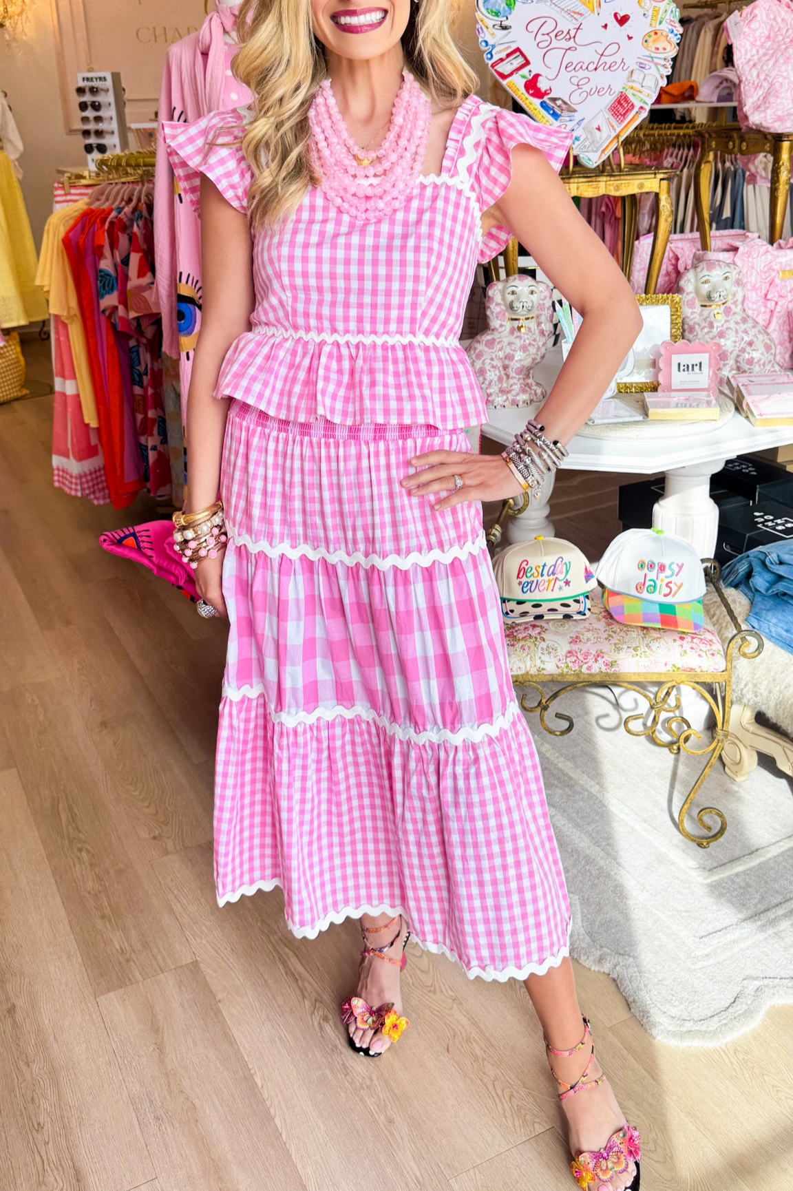 Pink Gingham Ric Rac Trim Skirt Set