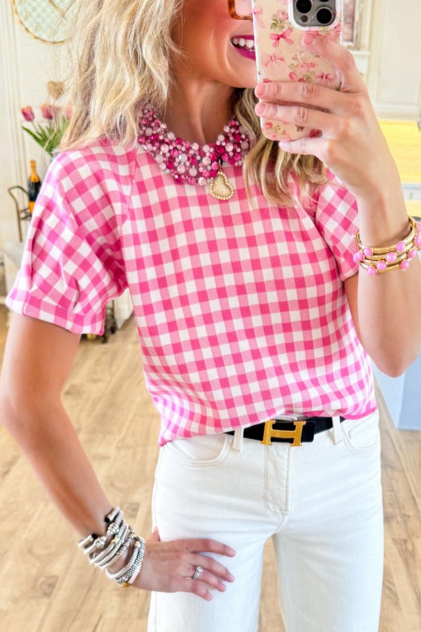 Pink Gingham Short Sleeve Sweater
