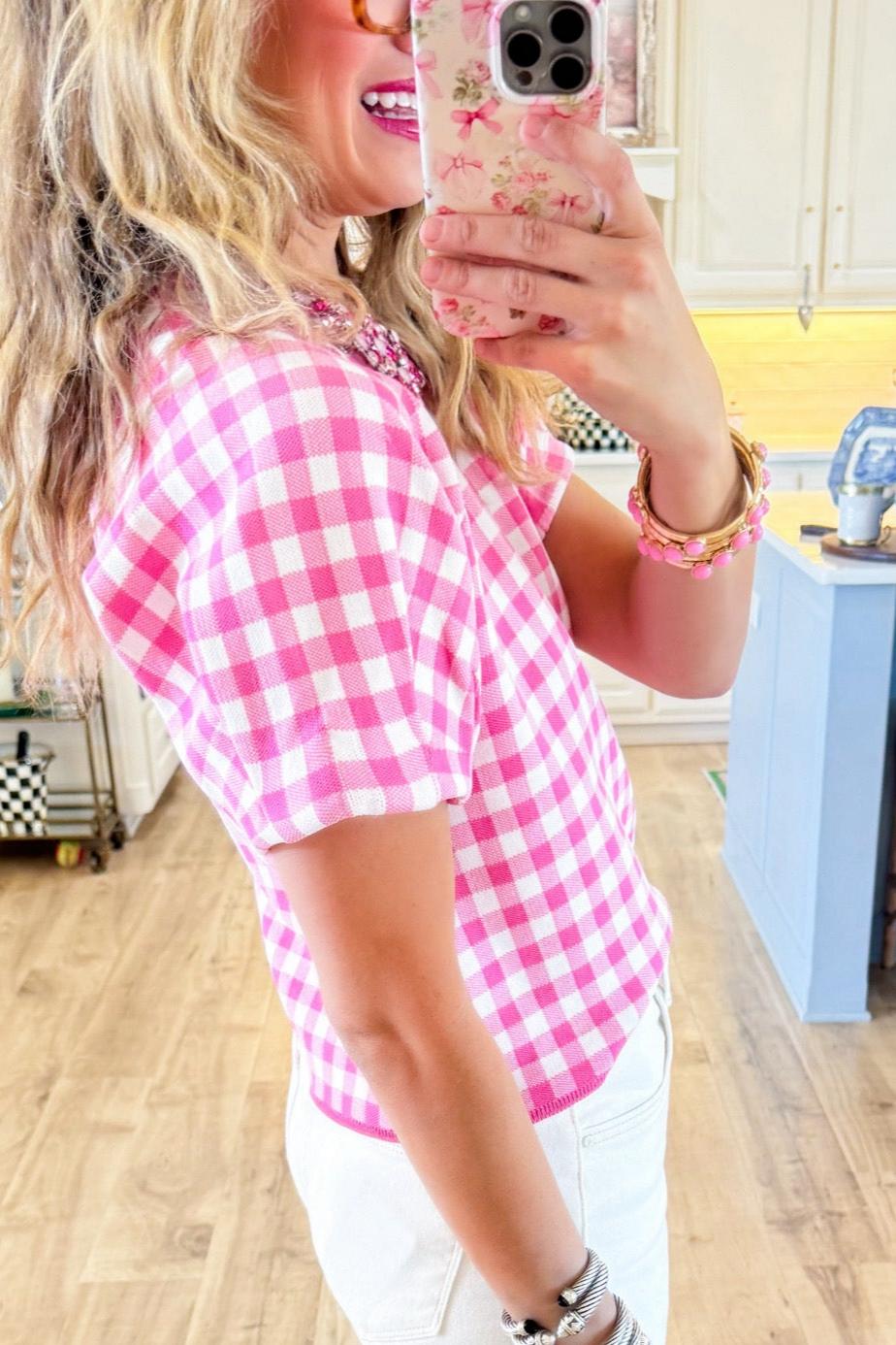 Pink Gingham Short Sleeve Sweater