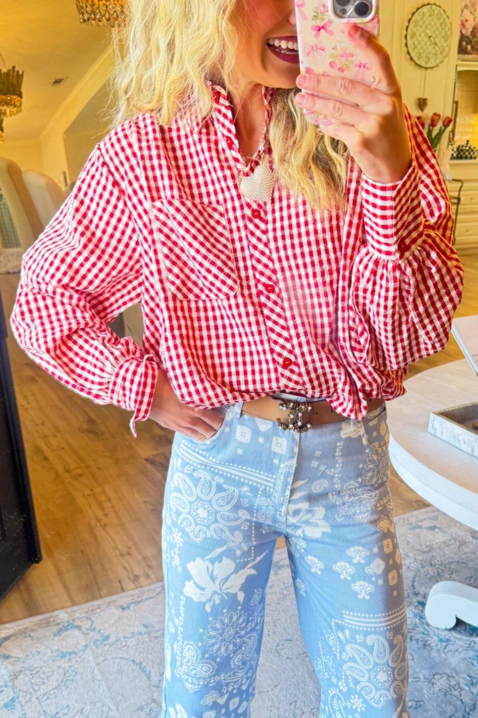 Red Gingham Long Sleeve Button Up Top