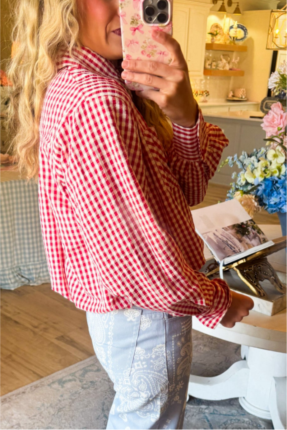 Red Gingham Long Sleeve Button Up Top