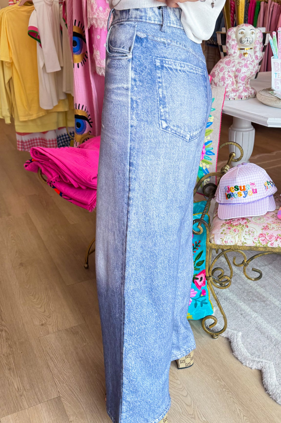 Washed Denim Wide Leg French Terry Pants