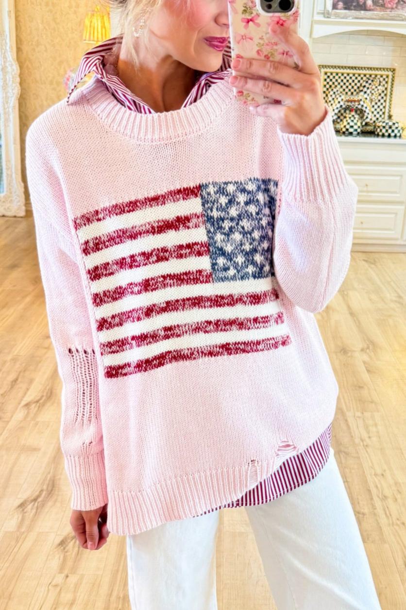 Pink American Flag Distressed Sweater