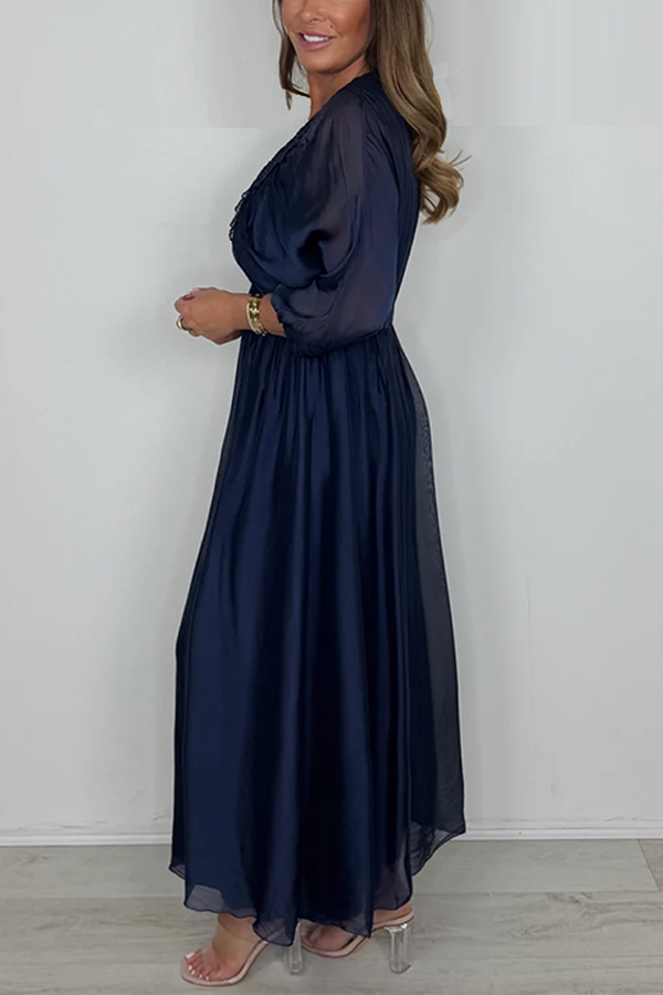 Smocked V-Neck Detail Long Sleeve Maxi Dress