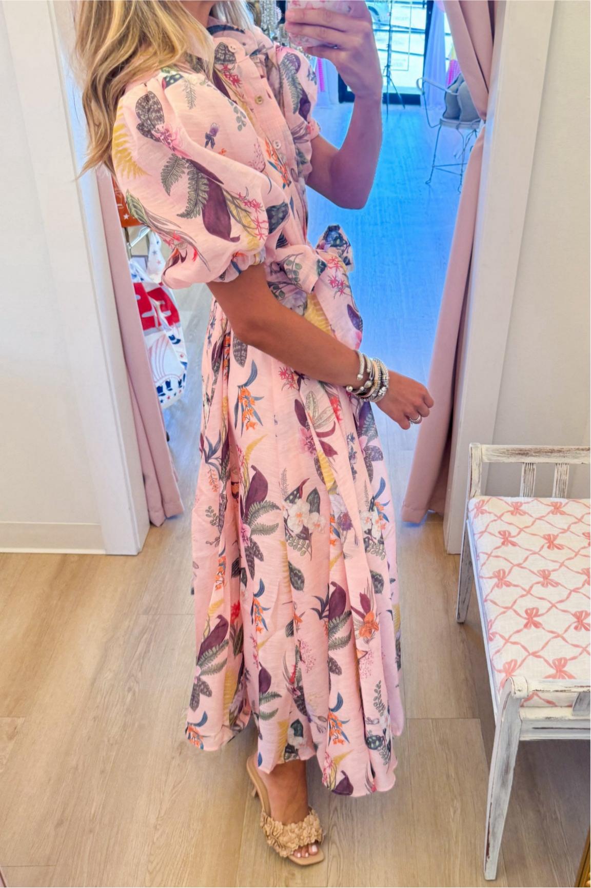 Pink Botanical Midi Shirt dress