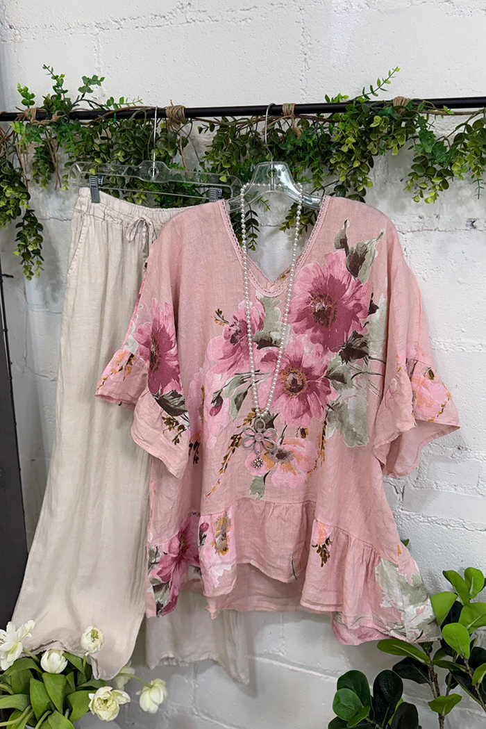 Floral Ruffle Top And Wide Leg Pants Set