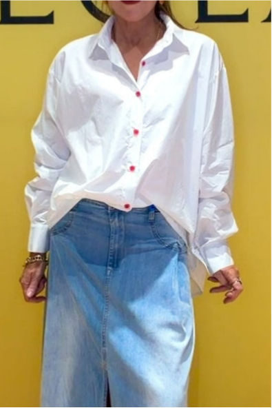 Oversized White Cotton Red Buttons Shirt 