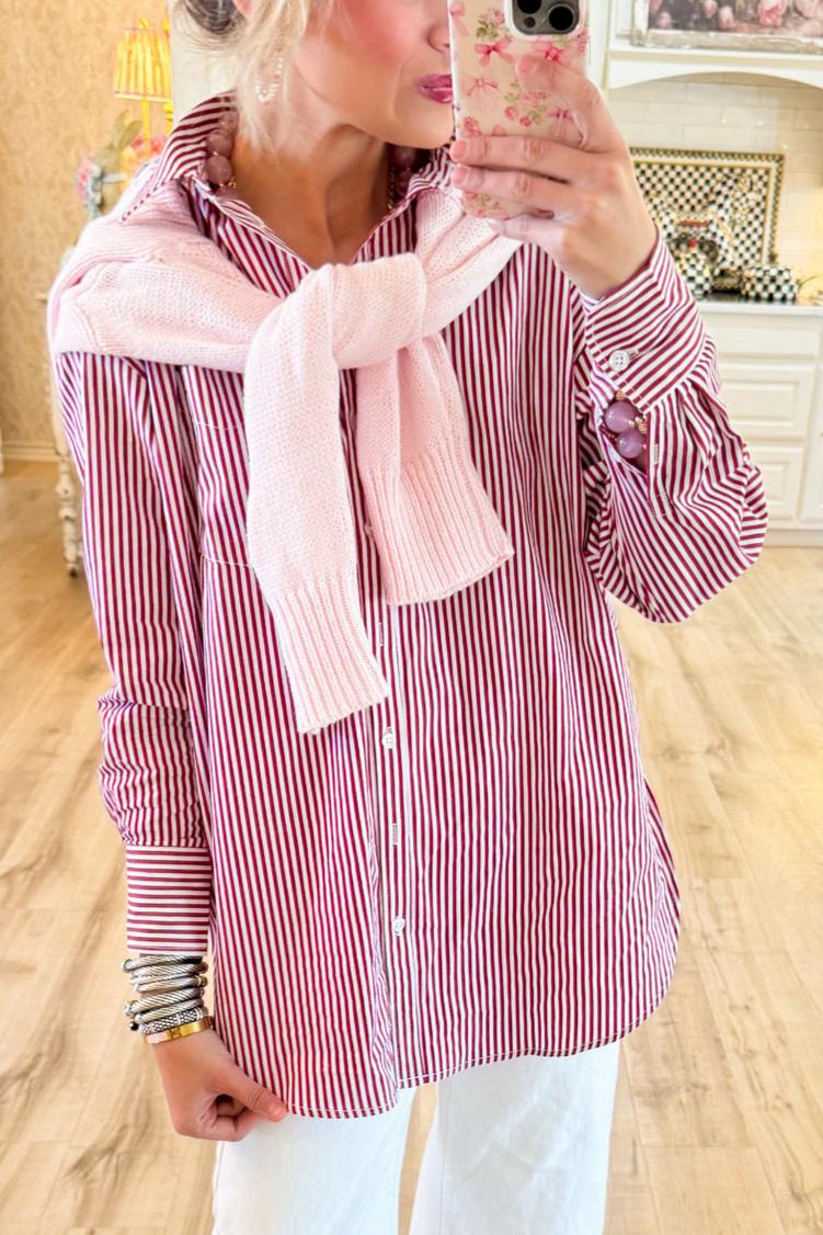 Red Stripe Button Up Top