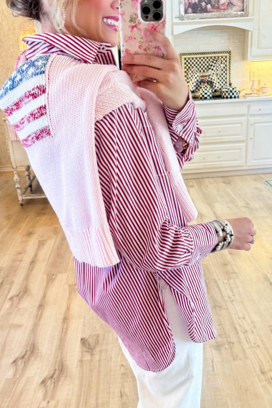 Red Stripe Button Up Top