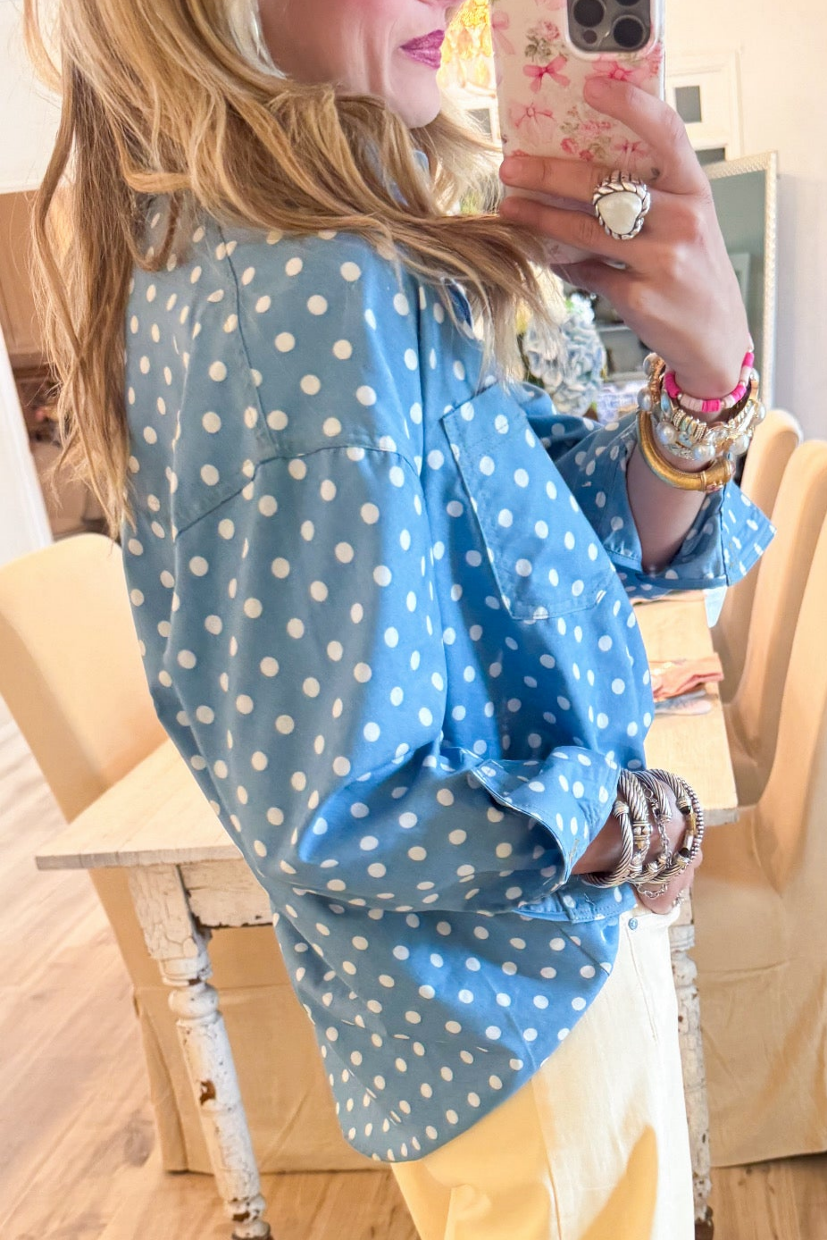 Light Denim Polka Dot Button Up Top