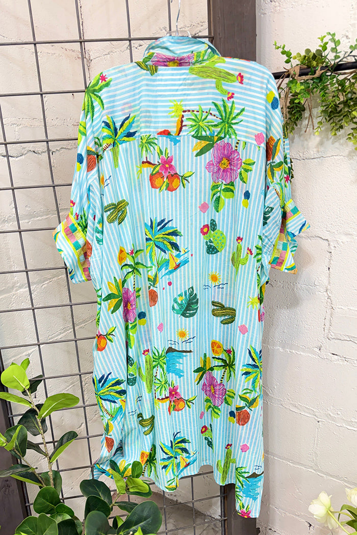 Aqua Tropical Print Shirt Dress