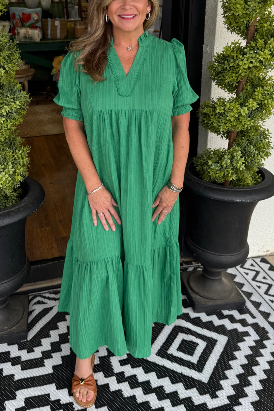 Textured Ruffle Neck Tiered Maxi Dress