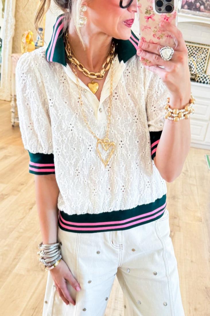 White Knit Collared Floral Eyelet Top