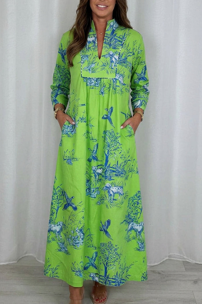 Long Sleeve Printed Pocket Maxi Dress