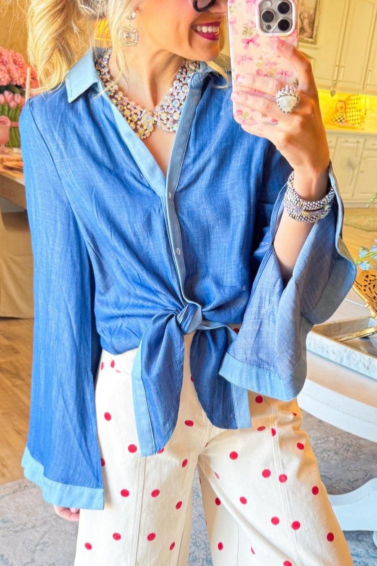 Blue Long Sleeve Button Down Tie Knot Top