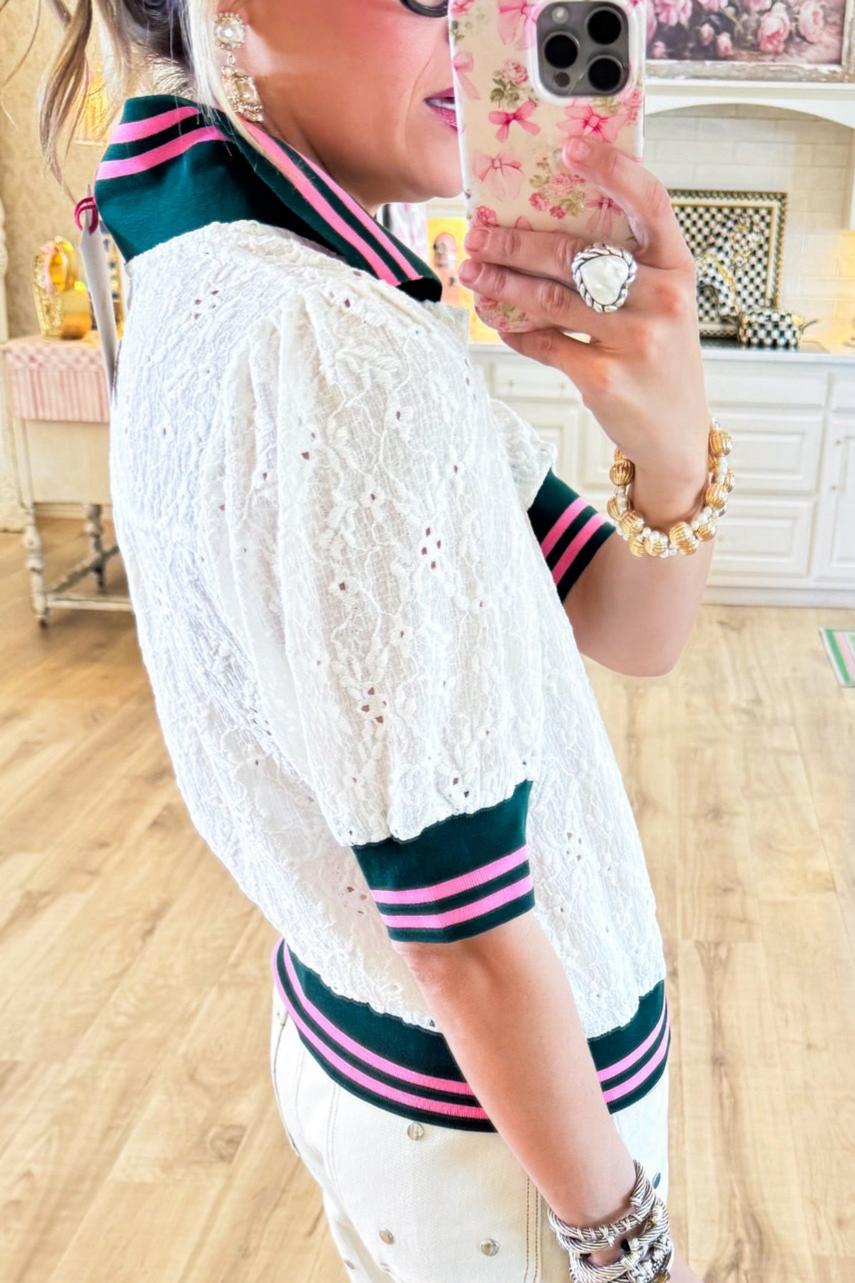 White Knit Collared Floral Eyelet Top