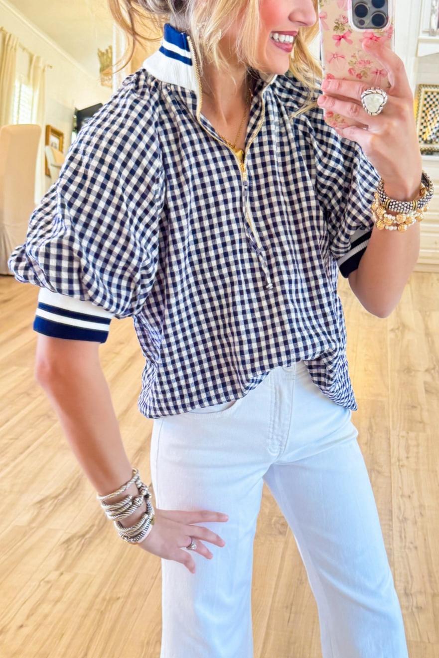 Navy Gingham Puff Sleeve Top